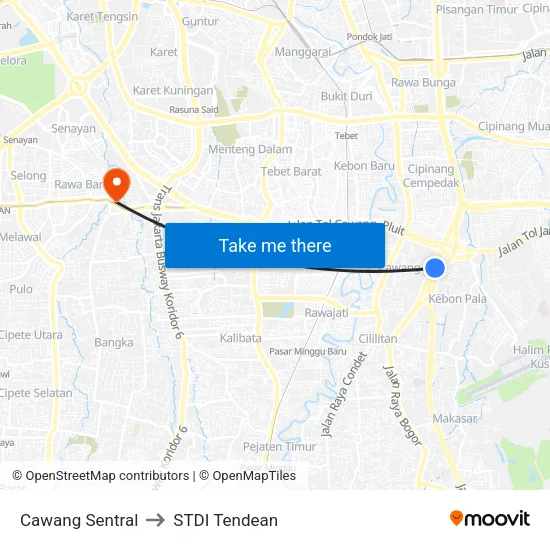 Cawang Sentral to STDI Tendean map