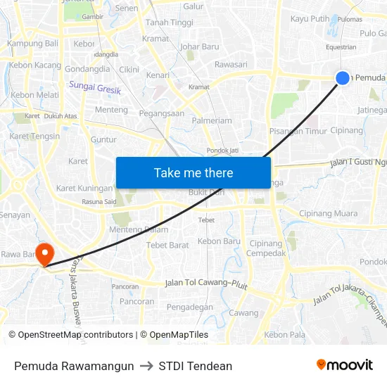 Pemuda Rawamangun to STDI Tendean map