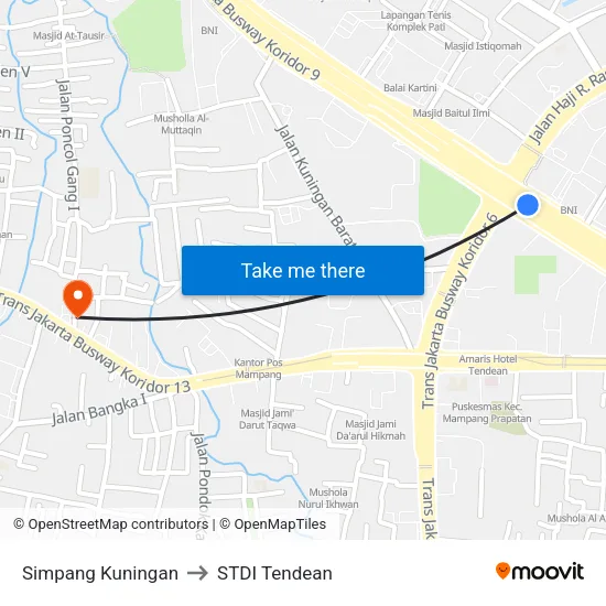 Simpang Kuningan to STDI Tendean map