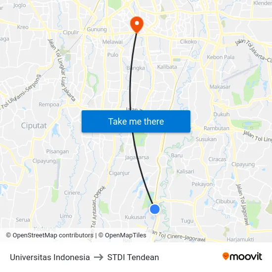 Universitas Indonesia to STDI Tendean map
