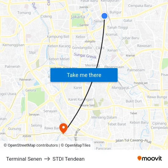 Terminal Senen to STDI Tendean map