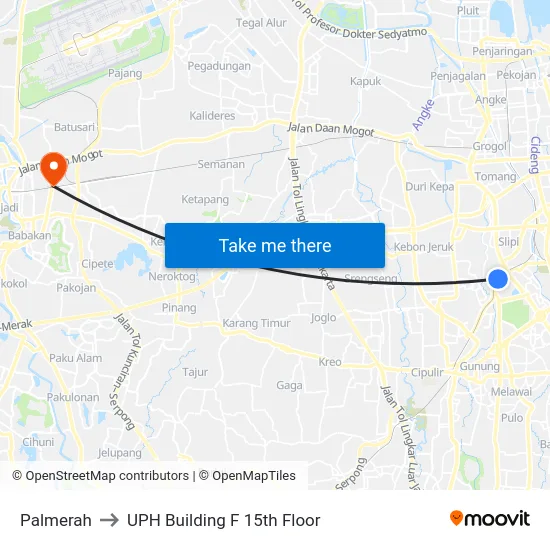 Palmerah to UPH Building F 15th Floor map