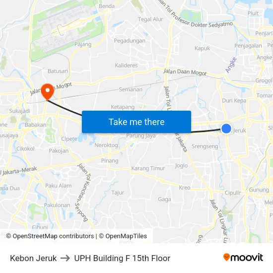 Kebon Jeruk to UPH Building F 15th Floor map