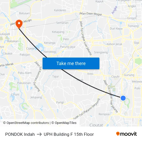 PONDOK Indah to UPH Building F 15th Floor map