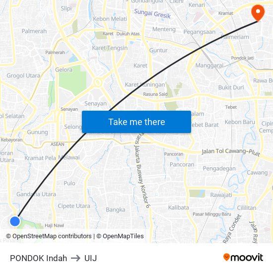 PONDOK Indah to UIJ map