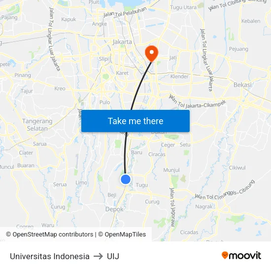 Universitas Indonesia to UIJ map