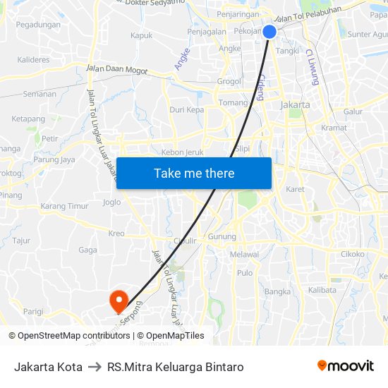 Jakarta Kota to RS.Mitra Keluarga Bintaro map