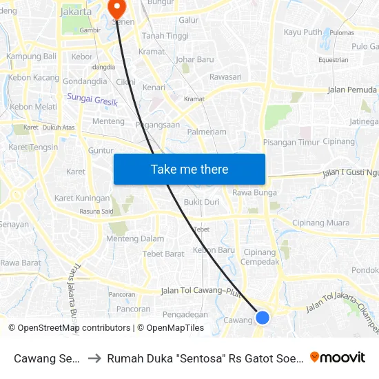 Cawang Sentral 2 to Rumah Duka "Sentosa" Rs Gatot Soebroto (Rspad) map