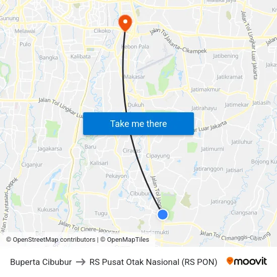 Buperta Cibubur to RS Pusat Otak Nasional (RS PON) map