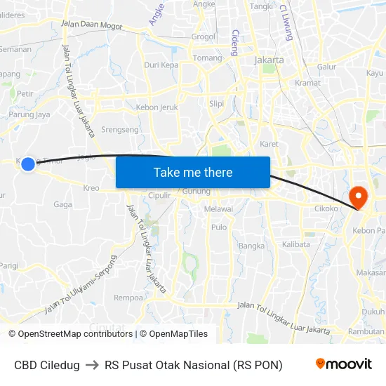 CBD Ciledug to RS Pusat Otak Nasional (RS PON) map
