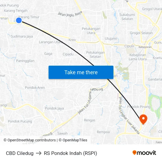 CBD Ciledug to RS Pondok Indah (RSPI) map