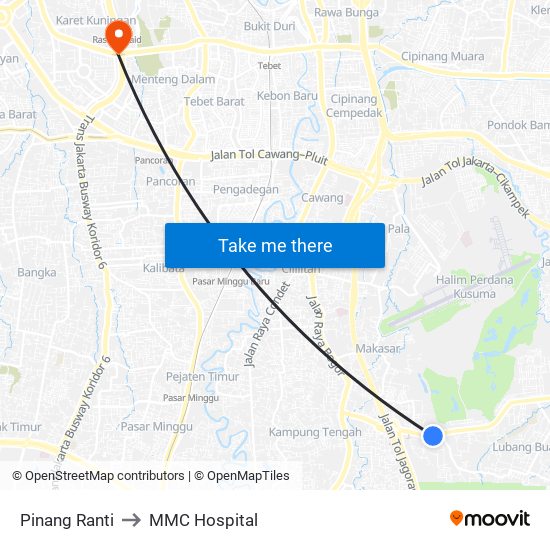 Pinang Ranti to MMC Hospital map