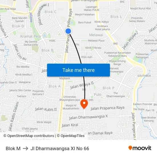 Blok M to Jl Dharmawangsa XI No 66 map