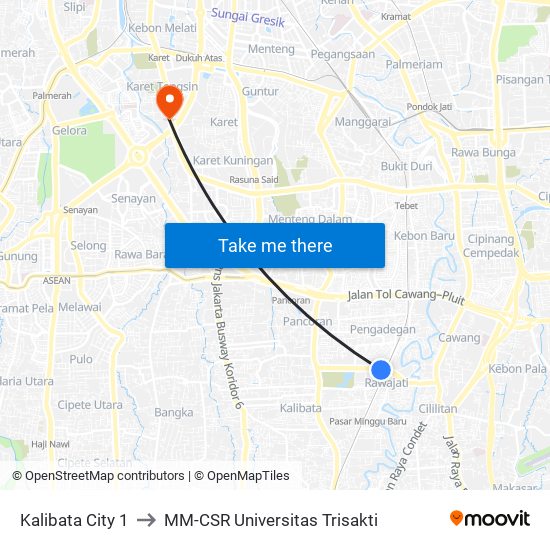 Kalibata City 1 to MM-CSR Universitas Trisakti map