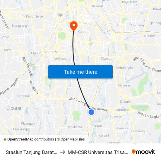 Stasiun Tanjung Barat 2 to MM-CSR Universitas Trisakti map