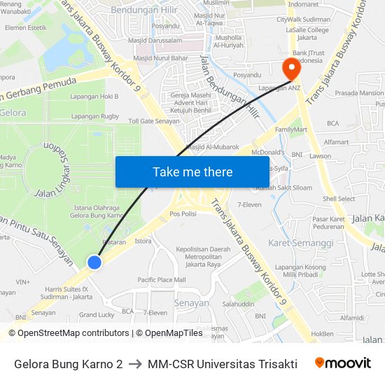 Gelora Bung Karno 2 to MM-CSR Universitas Trisakti map