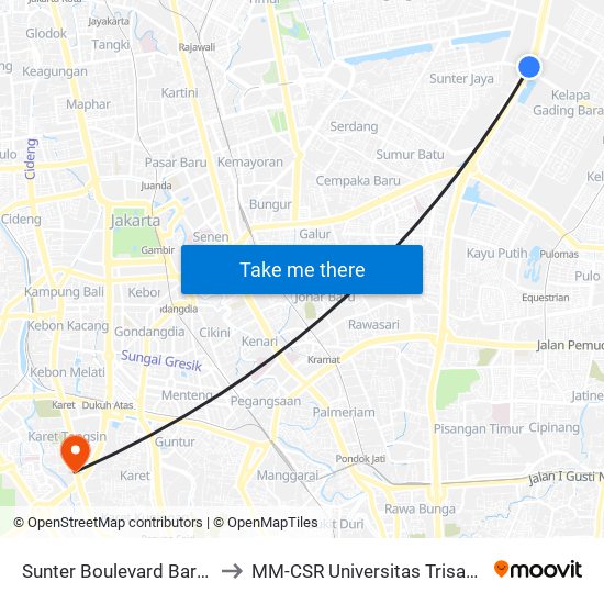 Sunter Boulevard Barat to MM-CSR Universitas Trisakti map