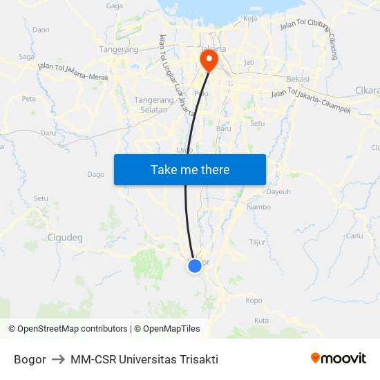 Bogor to MM-CSR Universitas Trisakti map