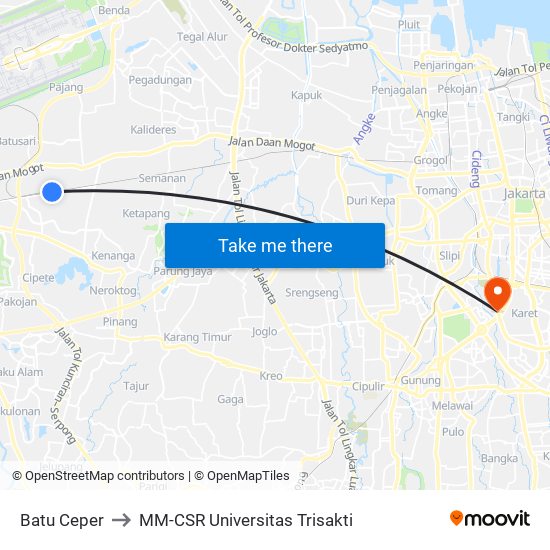 Batu Ceper to MM-CSR Universitas Trisakti map