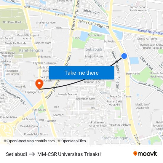 Setiabudi to MM-CSR Universitas Trisakti map