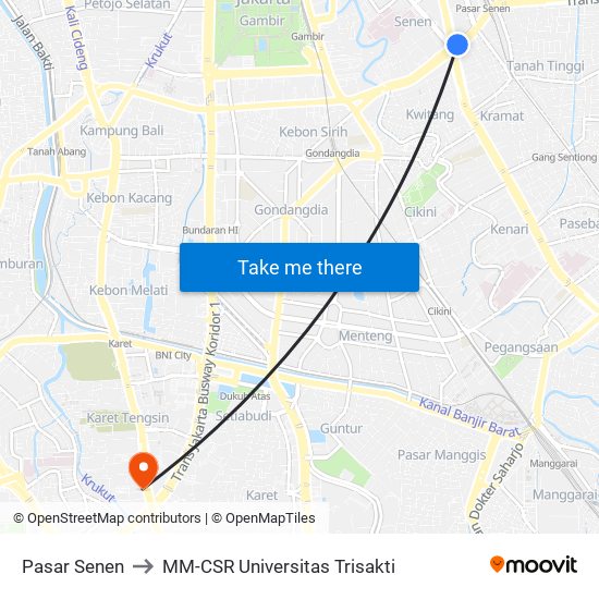 Pasar Senen to MM-CSR Universitas Trisakti map