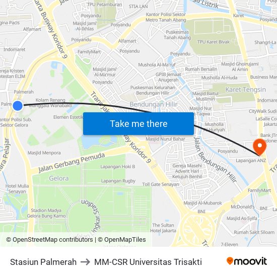 Stasiun Palmerah to MM-CSR Universitas Trisakti map