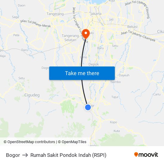 Bogor to Rumah Sakit Pondok Indah (RSPI) map