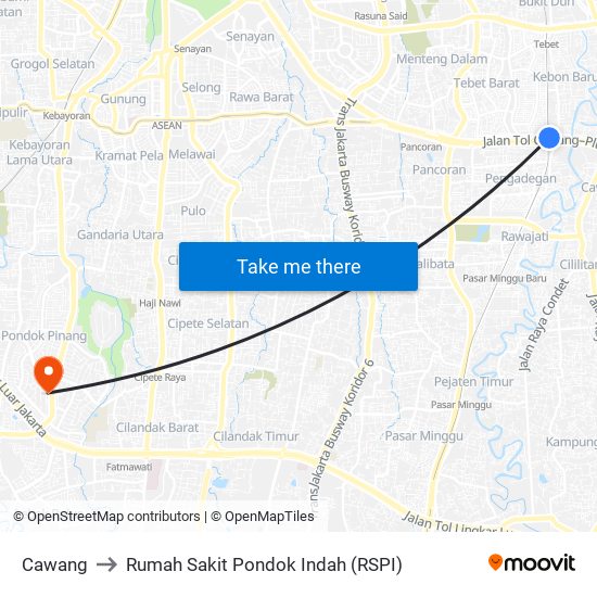 Cawang to Rumah Sakit Pondok Indah (RSPI) map