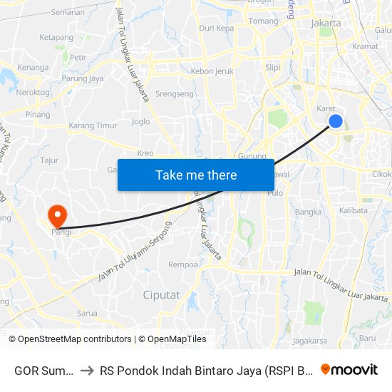GOR Sumantri to RS Pondok Indah Bintaro Jaya (RSPI Bintaro Jaya) map