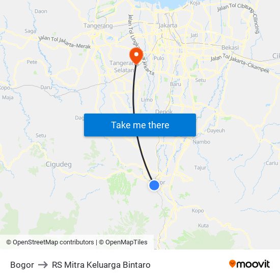 Bogor to RS Mitra Keluarga Bintaro map