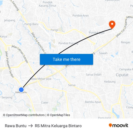 Rawa Buntu to RS Mitra Keluarga Bintaro map