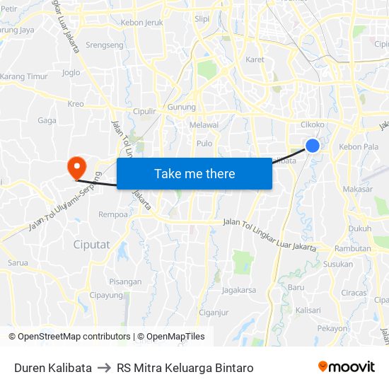 Duren Kalibata to RS Mitra Keluarga Bintaro map
