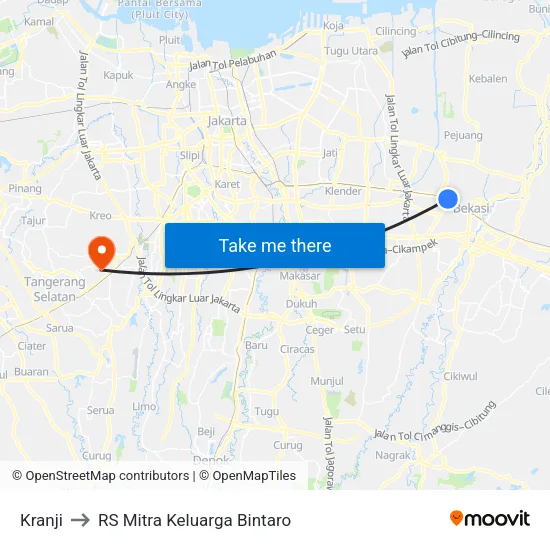 Kranji to RS Mitra Keluarga Bintaro map