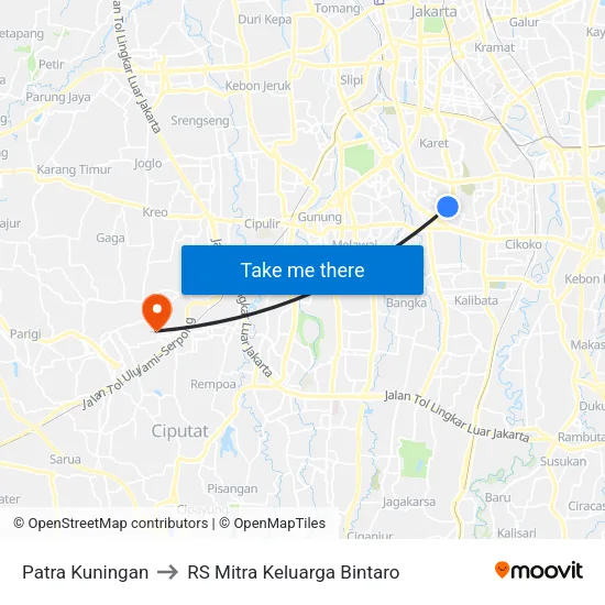 Patra Kuningan to RS Mitra Keluarga Bintaro map