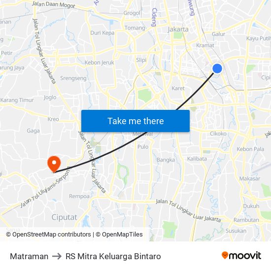 Matraman to RS Mitra Keluarga Bintaro map