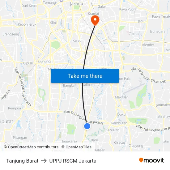 Tanjung Barat to UPPJ RSCM Jakarta map