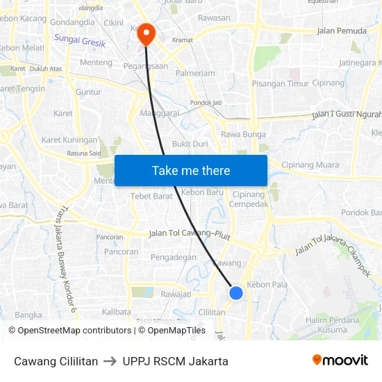 Cawang Cililitan to UPPJ RSCM Jakarta map