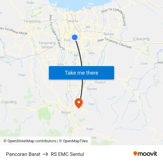 Pancoran Barat to RS EMC Sentul map