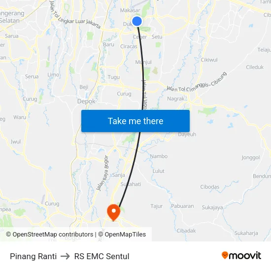 Pinang Ranti to RS EMC Sentul map