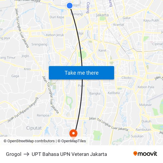 Grogol to UPT Bahasa UPN Veteran Jakarta map