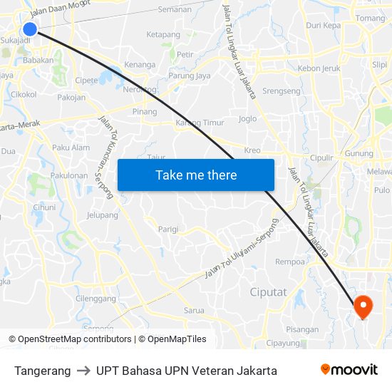 Tangerang to UPT Bahasa UPN Veteran Jakarta map