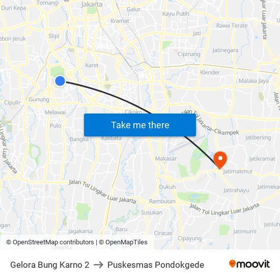 Gelora Bung Karno 2 to Puskesmas Pondokgede map