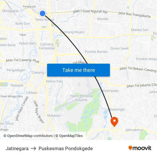 Jatinegara to Puskesmas Pondokgede map