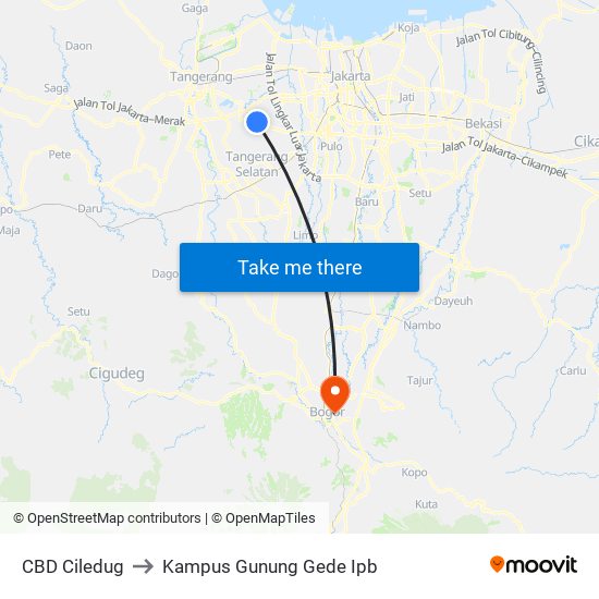 CBD Ciledug to Kampus Gunung Gede Ipb map