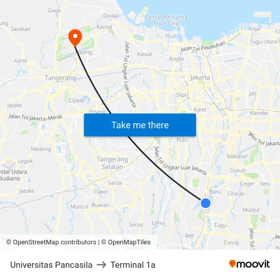 Universitas Pancasila to Terminal 1a map
