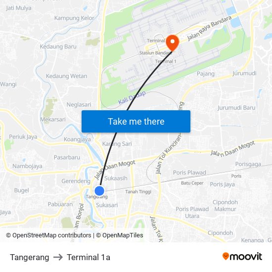 Tangerang to Terminal 1a map