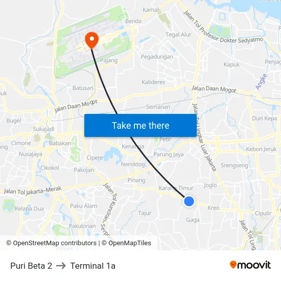 Puri Beta 2 to Terminal 1a map