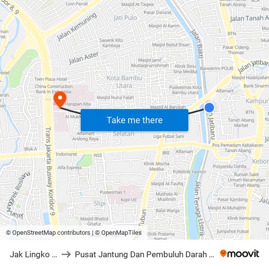 Jak Lingko Tanah Abang to Pusat Jantung Dan Pembuluh Darah Nasional Rumah Sakit Harapan Kita map