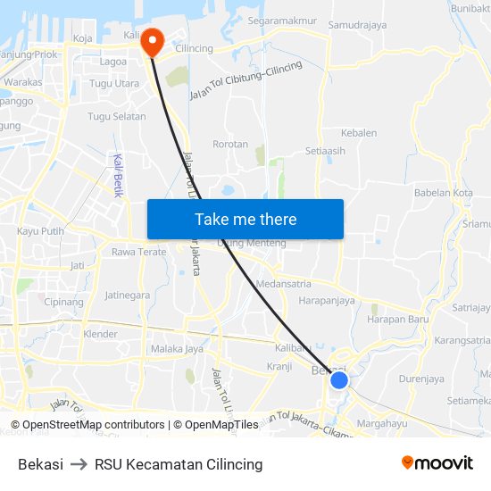 Bekasi to RSU Kecamatan Cilincing map