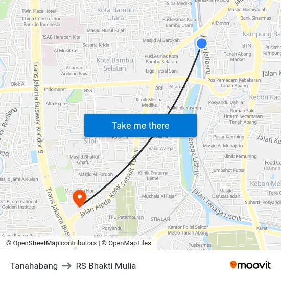 Tanahabang to RS Bhakti Mulia map